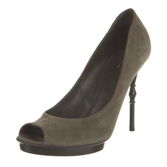 Authentic GUCCI Olive Green Suede Bamboo Stiletto Peep Toe Heel Shoe Size 39 EUC - Picture 3 of 16
